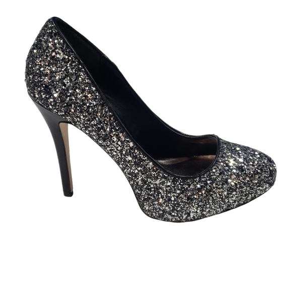 Madden Girl Black Silver Sequin Glitter Platform Heels Sz 9 Evening Party Gothic - Picture 4 of 13